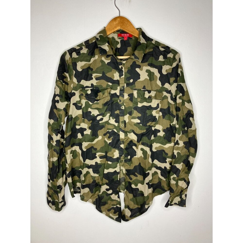 Guess Women's Large Camo Camouflage Button-Up Front Tie Blouse Shirt